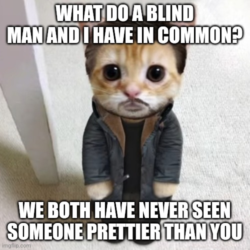 WHAT DO A BLIND MAN AND I HAVE IN COMMON? WE BOTH HAVE NEVER SEEN SOMEONE PRETTIER THAN YOU | made w/ Imgflip meme maker