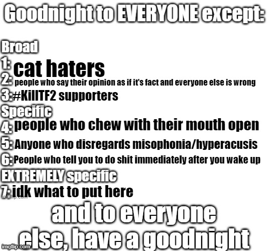 ok i sleepy now nighty night | cat haters; people who say their opinion as if it's fact and everyone else is wrong; #KillTF2 supporters; people who chew with their mouth open; Anyone who disregards misophonia/hyperacusis; People who tell you to do shit immediately after you wake up; idk what to put here | image tagged in goodnight to everyone except | made w/ Imgflip meme maker