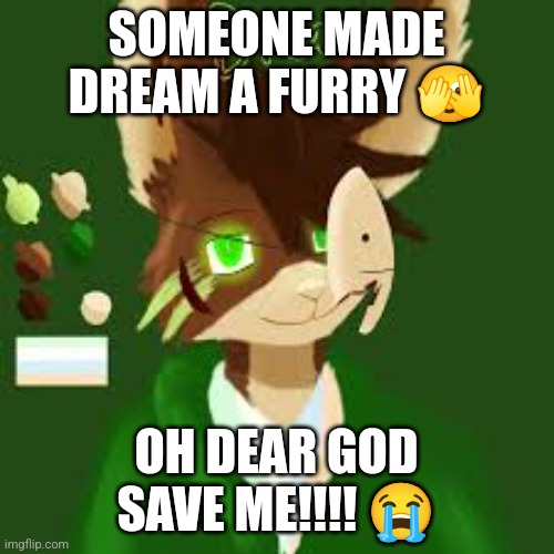 Omg HELP ME!!!! HERE I AM NEEDING A PIECE OF FANART FOR SOMETHING IM WORKING ON AND THIS IS WHAT I GET | SOMEONE MADE DREAM A FURRY 🫣; OH DEAR GOD SAVE ME!!!! 😭 | image tagged in help me,dear god | made w/ Imgflip meme maker