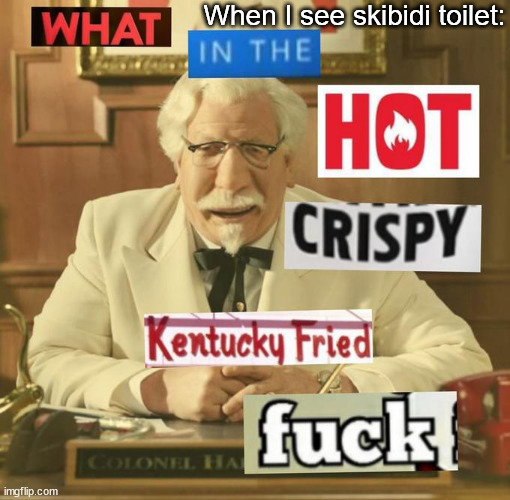 Just to clarify: I do not like skibidi toilet | When I see skibidi toilet: | image tagged in what in the hot crispy kentucky fried frick | made w/ Imgflip meme maker