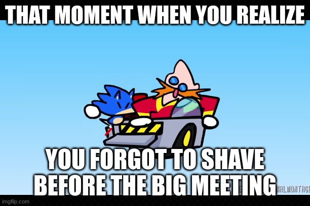You're gonna have a bad time | THAT MOMENT WHEN YOU REALIZE; YOU FORGOT TO SHAVE BEFORE THE BIG MEETING | image tagged in free,that moment when you realize,shaving,sonic the hedgehog,terminalmontage | made w/ Imgflip meme maker