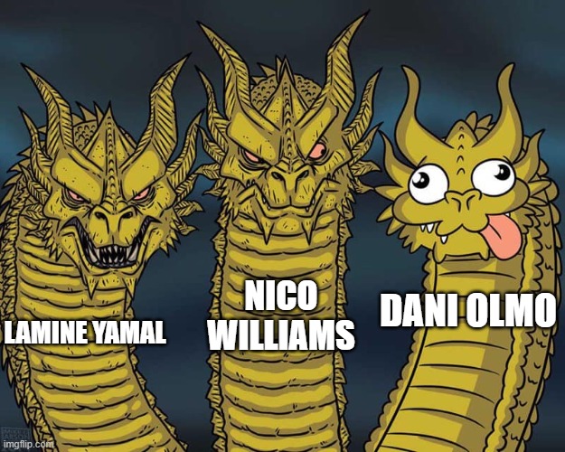 Three dragons | NICO WILLIAMS; DANI OLMO; LAMINE YAMAL | image tagged in three dragons | made w/ Imgflip meme maker