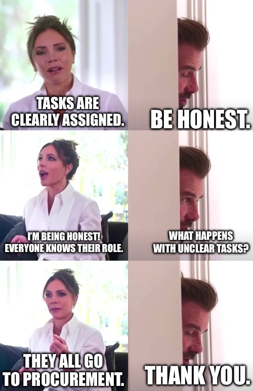 Victoria David Beckham Be Honest | TASKS ARE CLEARLY ASSIGNED. BE HONEST. I’M BEING HONEST! EVERYONE KNOWS THEIR ROLE. WHAT HAPPENS WITH UNCLEAR TASKS? THEY ALL GO TO PROCUREMENT. THANK YOU. | image tagged in victoria david beckham be honest | made w/ Imgflip meme maker