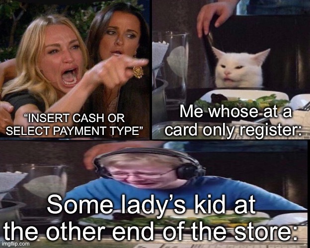 Me whose at a card only register:; “INSERT CASH OR SELECT PAYMENT TYPE”; Some lady’s kid at the other end of the store: | image tagged in woman yelling at cat,boy crying | made w/ Imgflip meme maker