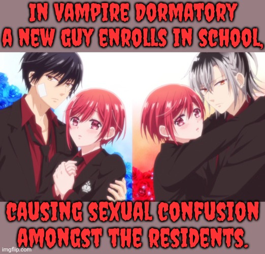 Before moving into the all-male environment, Mito was a chick magnet. | In Vampire Dormatory a new guy enrolls in school, causing sexual confusion amongst the residents. | image tagged in anime,bloodlust,gender fluid,crossdresser,pride month,lgbt | made w/ Imgflip meme maker