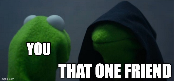 Evil Kermit | YOU; THAT ONE FRIEND | image tagged in memes,evil kermit | made w/ Imgflip meme maker