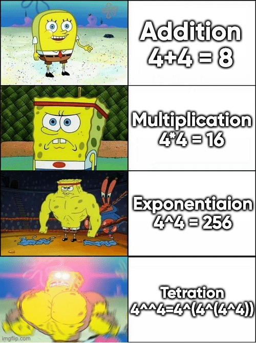 Tetration | Addition
4+4 = 8; Multiplication
4*4 = 16; Exponentiaion
4^4 = 256; Tetration
4^^4=4^(4^(4^4)) | image tagged in sponge finna commit muder | made w/ Imgflip meme maker