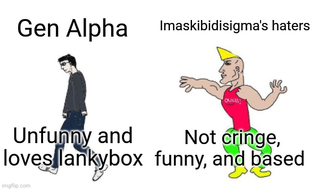 Virgin vs Chad | Imaskibidisigma's haters; Gen Alpha; Not cringe, funny, and based; Unfunny and loves lankybox | image tagged in virgin vs chad | made w/ Imgflip meme maker