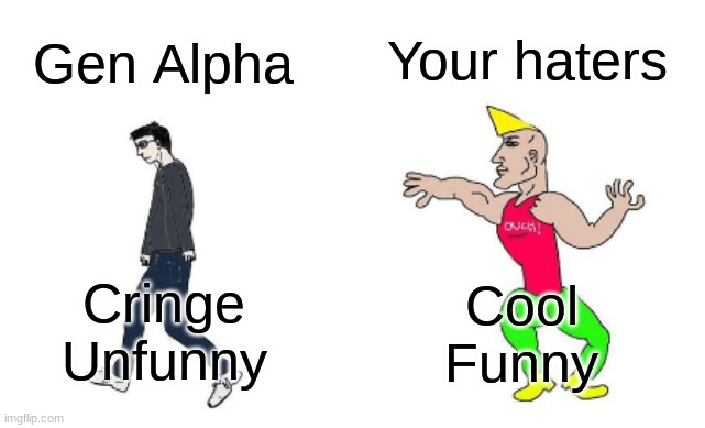 Virgin vs Chad | Gen Alpha Your haters Cringe
Unfunny Cool
Funny | image tagged in virgin vs chad | made w/ Imgflip meme maker