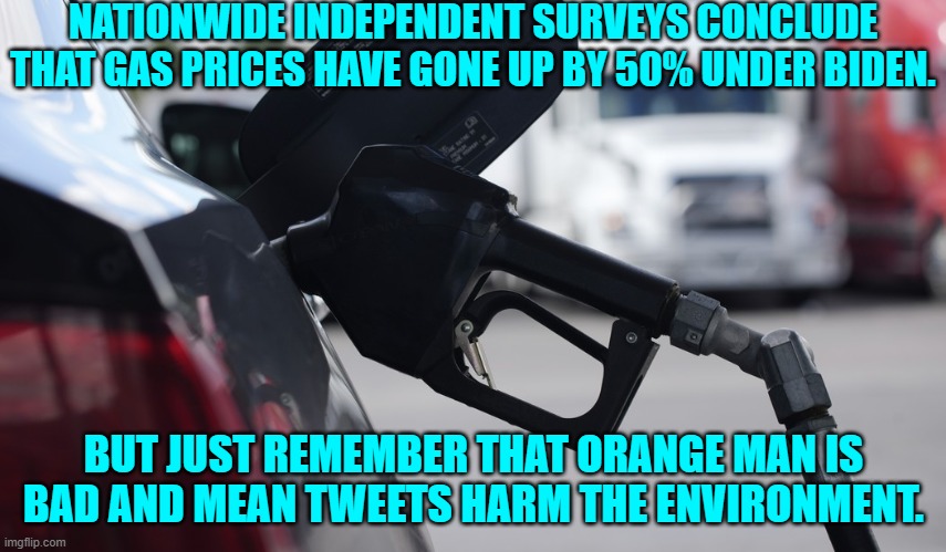 So . . . what's in YOUR wallet? | NATIONWIDE INDEPENDENT SURVEYS CONCLUDE THAT GAS PRICES HAVE GONE UP BY 50% UNDER BIDEN. BUT JUST REMEMBER THAT ORANGE MAN IS BAD AND MEAN TWEETS HARM THE ENVIRONMENT. | image tagged in yep | made w/ Imgflip meme maker