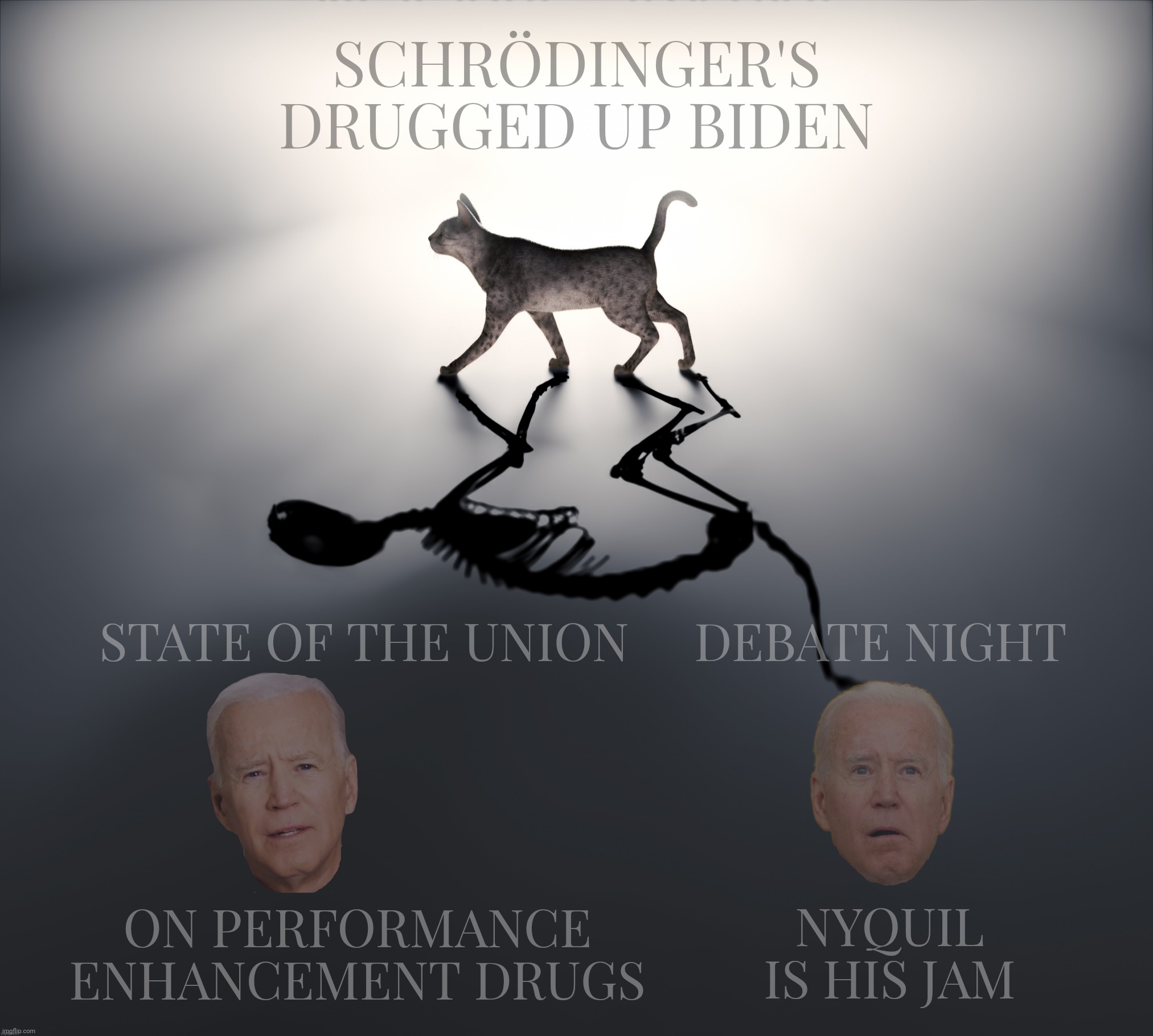 Schrödinger's Drugged Up Biden: To be on drugs or not to be, make up your mind on which stupid question | SCHRÖDINGER'S
DRUGGED UP BIDEN; STATE OF THE UNION     DEBATE NIGHT; ON PERFORMANCE ENHANCEMENT DRUGS; NYQUIL IS HIS JAM | image tagged in schrodinger's cat,schrodinger's drugged up biden,biden,joe biden,to be on drugs or not to be,which one's the question | made w/ Imgflip meme maker