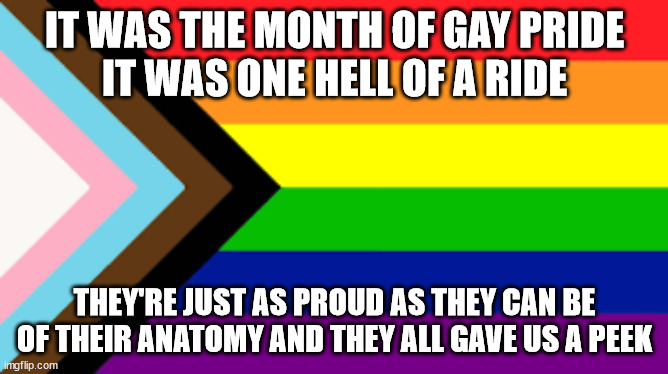 Pride got a month, Memorial Day not so much. | IT WAS THE MONTH OF GAY PRIDE
IT WAS ONE HELL OF A RIDE; THEY'RE JUST AS PROUD AS THEY CAN BE
OF THEIR ANATOMY AND THEY ALL GAVE US A PEEK | image tagged in gay flag,memorial day | made w/ Imgflip meme maker