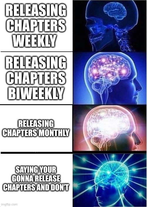 Authors releasing chapters be like: | RELEASING CHAPTERS WEEKLY; RELEASING CHAPTERS BIWEEKLY; RELEASING CHAPTERS MONTHLY; SAYING YOUR GONNA RELEASE CHAPTERS AND DON’T | image tagged in memes,expanding brain | made w/ Imgflip meme maker