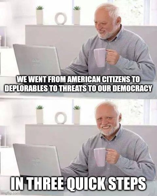 Okay, and I'm still voting for Trump. | WE WENT FROM AMERICAN CITIZENS TO DEPLORABLES TO THREATS TO OUR DEMOCRACY; IN THREE QUICK STEPS | image tagged in memes,hide the pain harold | made w/ Imgflip meme maker
