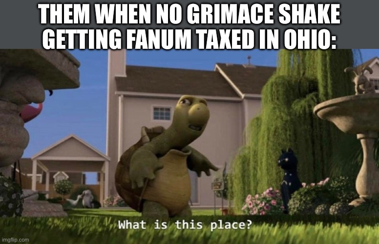 What is this place | THEM WHEN NO GRIMACE SHAKE GETTING FANUM TAXED IN OHIO: | image tagged in what is this place | made w/ Imgflip meme maker