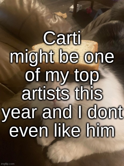 I have so many of his songs in my playlist | Carti might be one of my top artists this year and I dont even like him | image tagged in bread cat | made w/ Imgflip meme maker