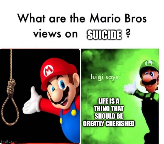 Mario Bros Views | SUICIDE; LIFE IS A THING THAT SHOULD BE GREATLY CHERISHED | image tagged in mario bros views | made w/ Imgflip meme maker