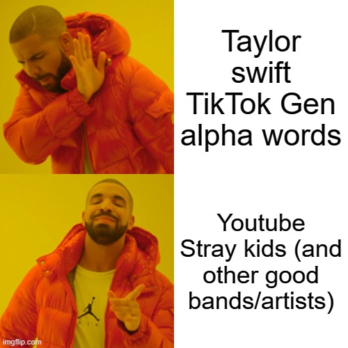 Imgflip users be like | Taylor swift TikTok Gen alpha words; Youtube Stray kids (and other good bands/artists) | image tagged in memes,drake hotline bling,cool | made w/ Imgflip meme maker