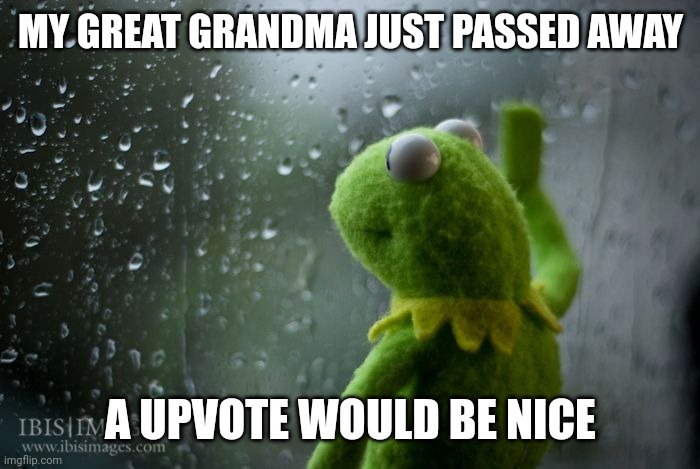 kermit window | MY GREAT GRANDMA JUST PASSED AWAY; A UPVOTE WOULD BE NICE | image tagged in kermit window | made w/ Imgflip meme maker