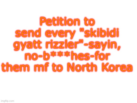 Yes | Petition to send every "skibidi gyatt rizzler"-sayin, no-b***hes-for them mf to North Korea | image tagged in blank white template | made w/ Imgflip meme maker