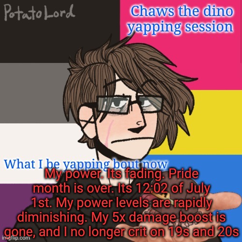 Chaws_the_dino announcement temp | My power. Its fading. Pride month is over. Its 12:02 of July 1st. My power levels are rapidly diminishing. My 5x damage boost is gone, and I no longer crit on 19s and 20s | image tagged in chaws_the_dino announcement temp | made w/ Imgflip meme maker