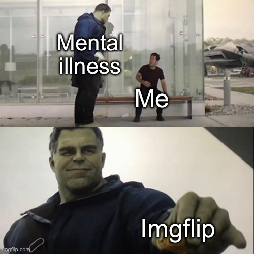 Hulk Taco | Mental illness; Me; Imgflip | image tagged in hulk taco | made w/ Imgflip meme maker