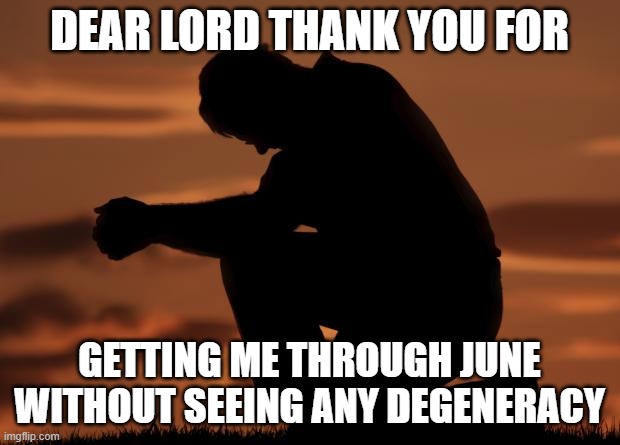 houseofprayer praying man | DEAR LORD THANK YOU FOR; GETTING ME THROUGH JUNE WITHOUT SEEING ANY DEGENERACY | image tagged in houseofprayer praying man | made w/ Imgflip meme maker