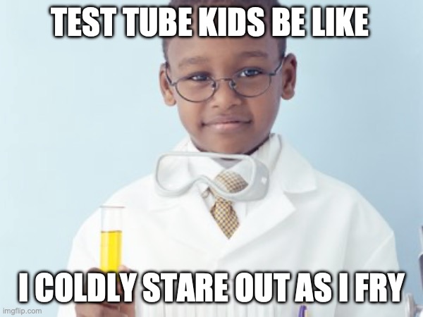 Test Tube Kids Be Like | TEST TUBE KIDS BE LIKE; I COLDLY STARE OUT AS I FRY | image tagged in test tube kids,genetic engineering,genetics,genetics humor,science,test tube humor | made w/ Imgflip meme maker