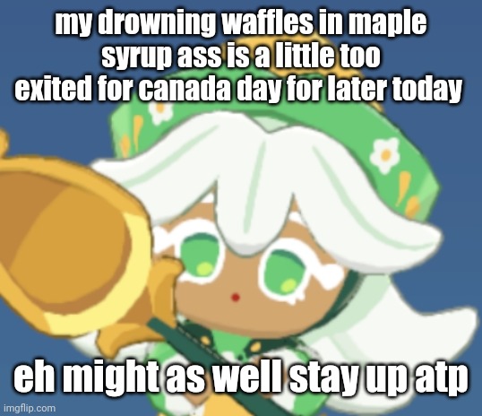 chamomile cokkieoir | my drowning waffles in maple syrup ass is a little too exited for canada day for later today; eh might as well stay up atp | image tagged in chamomile cokkieoir | made w/ Imgflip meme maker