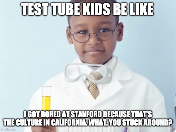 Test Tube Kids Be Like | TEST TUBE KIDS BE LIKE; I GOT BORED AT STANFORD BECAUSE THAT'S THE CULTURE IN CALIFORNIA. WHAT, YOU STUCK AROUND? | image tagged in test tube kids,genetic engineering,genetics,genetics humor,science,test tube humor | made w/ Imgflip meme maker