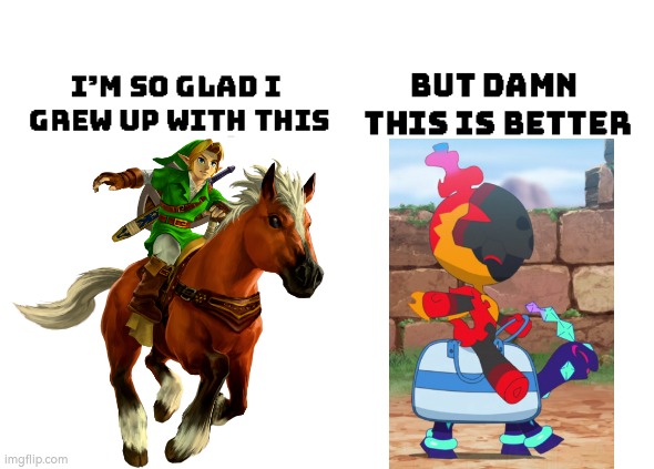Link and Epona are brilliant. But I prefer Charcadet and Terapagos. | image tagged in im so glad i grew up with this but damn this is better,funny,the legend of zelda,pokemon | made w/ Imgflip meme maker