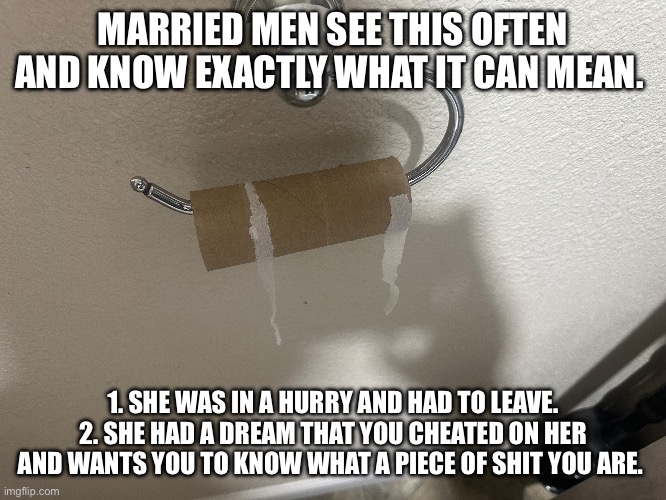 Women and toilet humor | MARRIED MEN SEE THIS OFTEN AND KNOW EXACTLY WHAT IT CAN MEAN. 1. SHE WAS IN A HURRY AND HAD TO LEAVE.
2. SHE HAD A DREAM THAT YOU CHEATED ON HER AND WANTS YOU TO KNOW WHAT A PIECE OF SHIT YOU ARE. | image tagged in women,toilet paper,no more toilet paper,revenge,marriage,divorce | made w/ Imgflip meme maker
