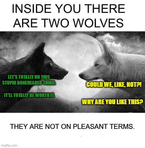 Inside you there are two wolves | LET'S TOTALLY DO THIS STUPID BONEHEADED THING. COULD WE, LIKE, NOT?! IT'LL TOTALLY BE WORTH IT. WHY ARE YOU LIKE THIS? THEY ARE NOT ON PLEASANT TERMS. | image tagged in inside you there are two wolves | made w/ Imgflip meme maker