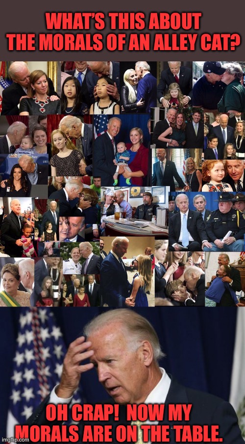 Joe put morals out there. Now let’s see him get asked about his morals. | WHAT’S THIS ABOUT THE MORALS OF AN ALLEY CAT? OH CRAP!  NOW MY MORALS ARE ON THE TABLE. | image tagged in that's a lot of child groping joe biden,joe biden worries | made w/ Imgflip meme maker