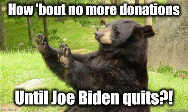 How about no bear | How 'bout no more donations Until Joe Biden quits?! | image tagged in how about no bear | made w/ Imgflip meme maker