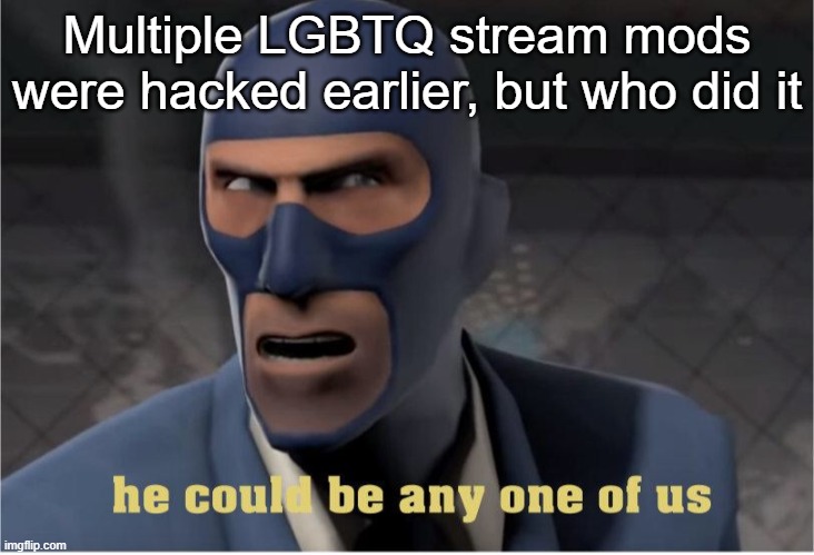 My money's on TCK | Multiple LGBTQ stream mods were hacked earlier, but who did it | image tagged in he could be anyone of us | made w/ Imgflip meme maker