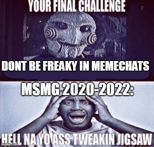 your final challenge | DONT BE FREAKY IN MEMECHATS; MSMG 2020-2022: | image tagged in your final challenge | made w/ Imgflip meme maker