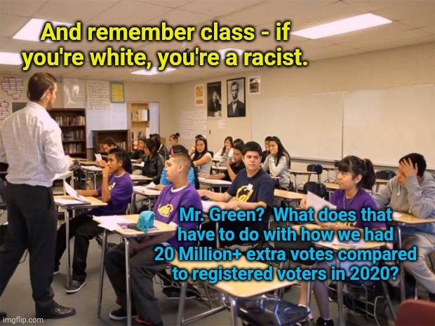 classroom | And remember class - if you're white, you're a racist. Mr. Green?  What does that have to do with how we had 20 Million+ extra votes compared to registered voters in 2020? | image tagged in classroom | made w/ Imgflip meme maker