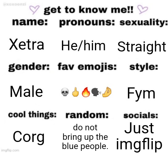 get to know me but better | Xetra; He/him; Straight; 💀🖕🔥🗣🤌; Fym; Male; Just imgflip; do not bring up the blue people. Corg | image tagged in get to know me but better | made w/ Imgflip meme maker