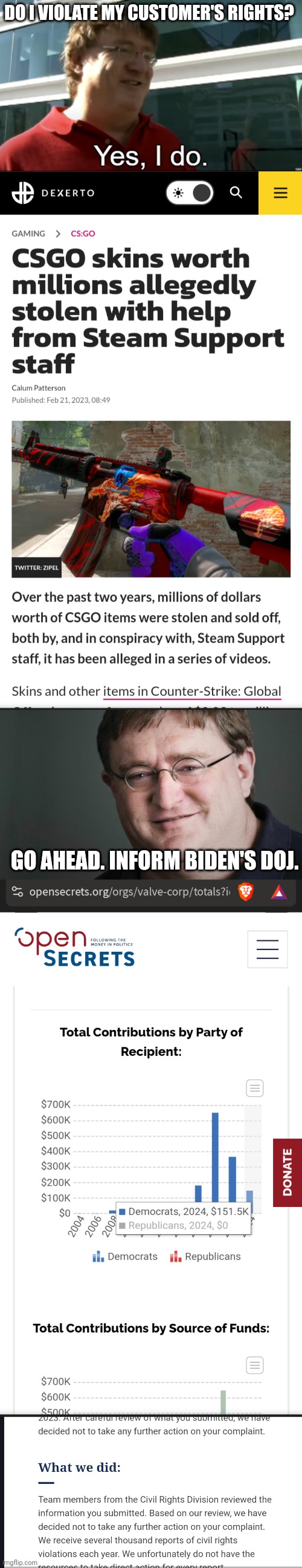 DO I VIOLATE MY CUSTOMER'S RIGHTS? GO AHEAD. INFORM BIDEN'S DOJ. | image tagged in yes i do gabe newell,gabe newell | made w/ Imgflip meme maker
