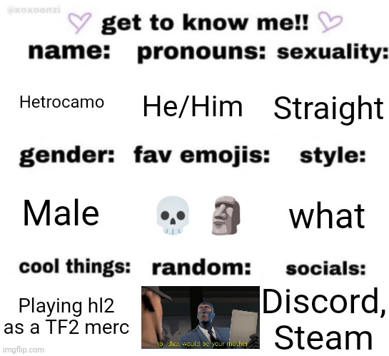 well, now what? | Hetrocamo; He/Him; Straight; 💀 🗿; what; Male; Discord, Steam; Playing hl2 as a TF2 merc | made w/ Imgflip meme maker
