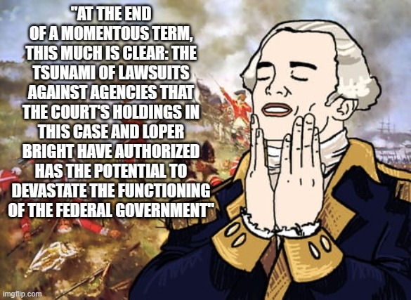 Feels good George Washington | "AT THE END OF A MOMENTOUS TERM, THIS MUCH IS CLEAR: THE TSUNAMI OF LAWSUITS AGAINST AGENCIES THAT THE COURT'S HOLDINGS IN THIS CASE AND LOPER BRIGHT HAVE AUTHORIZED HAS THE POTENTIAL TO DEVASTATE THE FUNCTIONING OF THE FEDERAL GOVERNMENT" | image tagged in feels good george washington | made w/ Imgflip meme maker