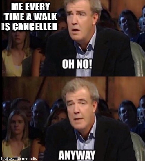 Oh no anyway | ME EVERY TIME A WALK IS CANCELLED | image tagged in oh no anyway | made w/ Imgflip meme maker