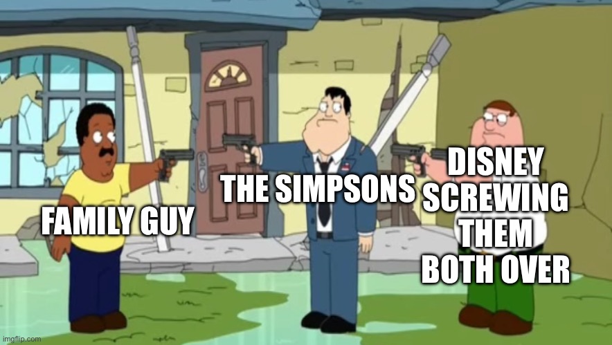 NO NO NO NOOO | DISNEY SCREWING THEM BOTH OVER; THE SIMPSONS; FAMILY GUY | image tagged in cleveland vs stan vs peter | made w/ Imgflip meme maker