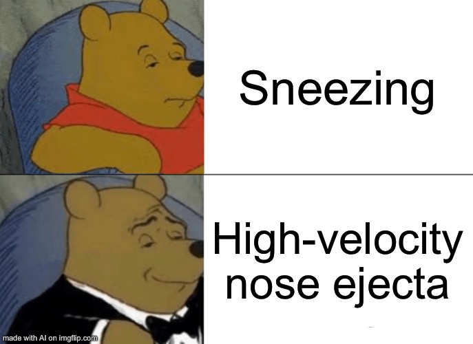 An AI made this meme. Is it good? | Sneezing; High-velocity nose ejecta | image tagged in memes,tuxedo winnie the pooh | made w/ Imgflip meme maker