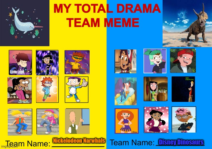 Total Drama Disney vs Nickelodeon | Disney Dinosaurs; Nickelodeon Narwhals | image tagged in total drama,disney channel,nickelodeon | made w/ Imgflip meme maker