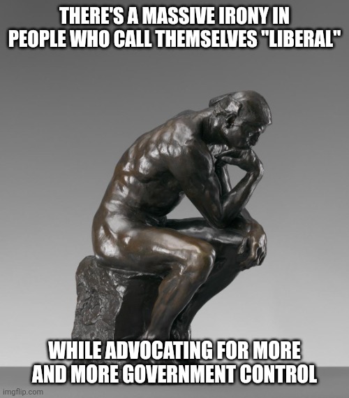 Contradictions | THERE'S A MASSIVE IRONY IN PEOPLE WHO CALL THEMSELVES "LIBERAL"; WHILE ADVOCATING FOR MORE AND MORE GOVERNMENT CONTROL | image tagged in the thinker,memes,politics,irony | made w/ Imgflip meme maker