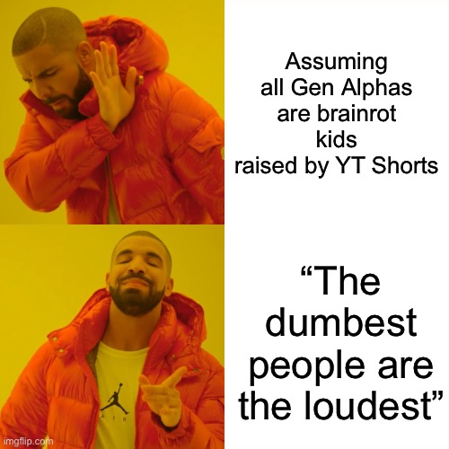 As a late gen Z/possibly gen alpha who firmly believes in the bottom quote | Assuming all Gen Alphas are brainrot kids raised by YT Shorts; “The dumbest people are the loudest” | image tagged in memes,drake hotline bling,gen alpha | made w/ Imgflip meme maker