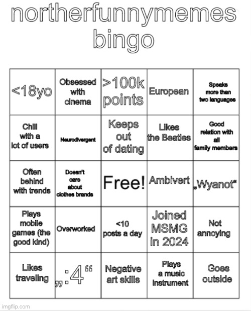 Jic you’re bored | image tagged in northerfunnymemes bingo | made w/ Imgflip meme maker