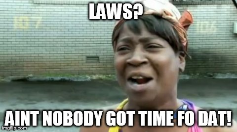 Ain't Nobody Got Time For That | LAWS? AINT NOBODY GOT TIME FO DAT! | image tagged in memes,aint nobody got time for that | made w/ Imgflip meme maker